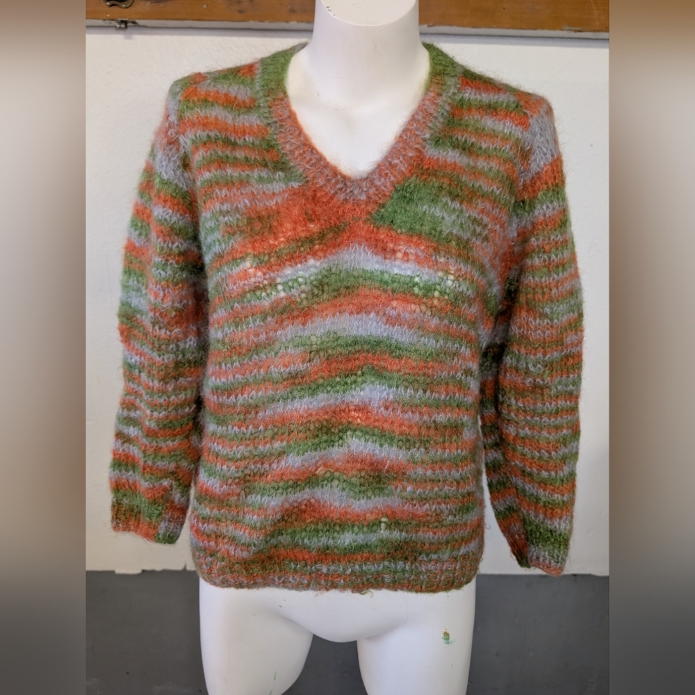 Vintage Sweater Striped  Handmade Loose Weave Orange Green 1970's  Size M